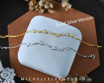 Bracelet délicat feuilles d'olivier en argent sterling, bracelet feuilles d'arbre en cristal CZ, cadeau pour elle