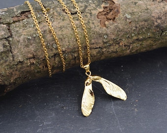 18ct Gold and Silver Plated Real Sycamore Seed Pendant Necklace, Nature Jewellery with Real Leaves