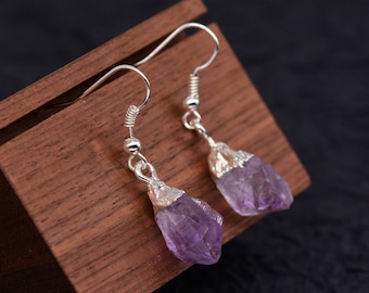 Natural Raw Amethyst Dangling Earrings, Silver Dipped Amethyst Drop Earrings with Matching Pendant, Minimalist Crystal