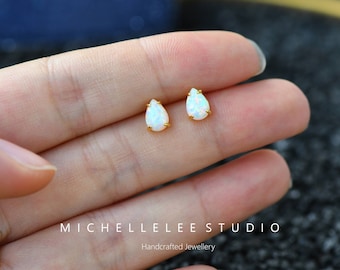 Sterling Silver Opal Droplet Stud Earrings, Gold plated Teardrop White Opal Earrings, Pear Cut Opal Earrings