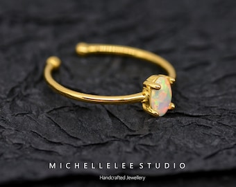 Minimalist White Fire Opal Adjustable Ring, Oval Opal Sterling Silver Ring, Gift for Her