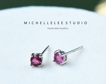 Natural Tourmaline Stud Earrings in Sterling Silver, Multi Color Round Tourmaline Stones Earrings, Minimalist