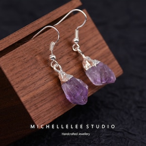 Raw Amethyst Dangle Earrings, Silver Dipped Crystal, Minimalist Jewelry