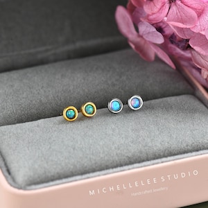 Tiny Opal Stud Earrings, 925 Sterling Silver Round Opal Studs, Gold or Silver Dainty Everyday Jewellery Gift for Her