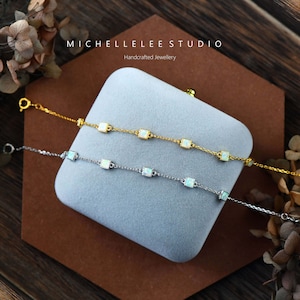 White Opal Square Bracelet, Fire Opal Bracelet, Simple Geometric Bracelet, October Birthstone, Gift for Her