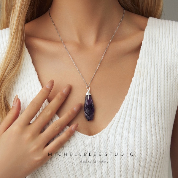 Large Raw Uruguay Amethyst Pendant Necklace, Gold and Silver Dipped Amethyst Necklace with Matching Earrings, Semi-precious Crystal