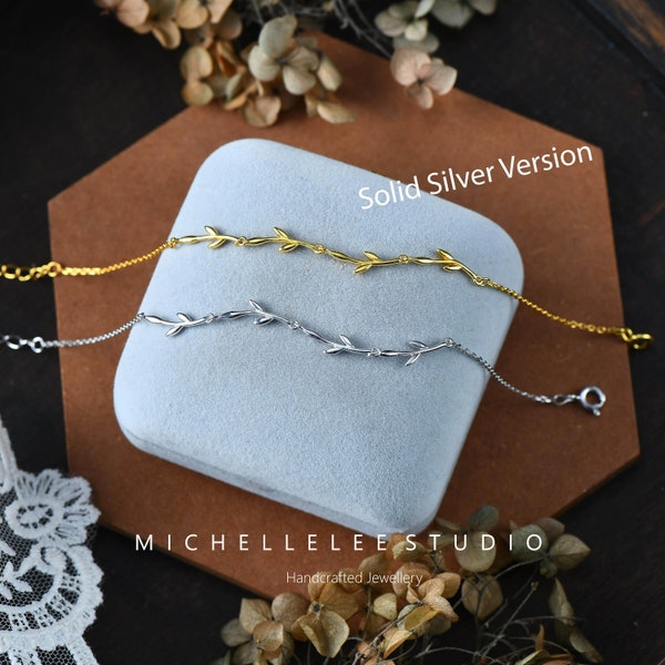 Zierliche Oliven Blätter Armband in Sterling Silber, CZ Kristall Baum Blätter Armband, Geschenk für Sie