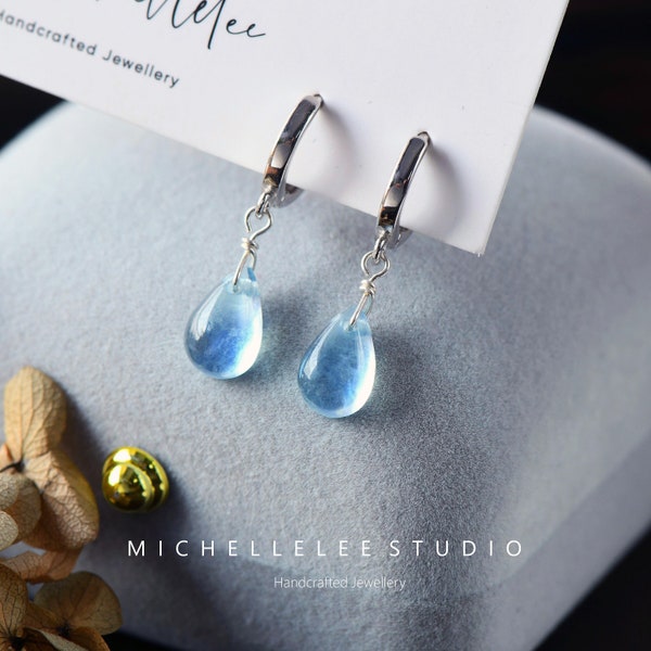 Tiny Natural Aquamarine Teardrop Huugie Hoop Earrings, Dangling Sterling Silver Droplet Gemstone Earrings, March Birthstone