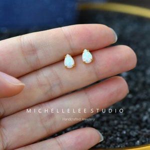 Sterling Silver Opal Droplet Stud Earrings, Gold plated Teardrop White Opal Earrings, Pear Cut Opal Earrings