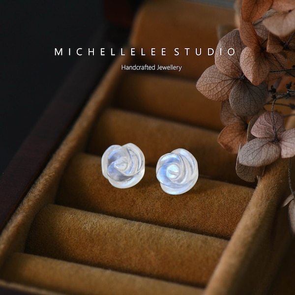 Hand Carved Blue Moonstone Flower Stud Earrings, Rose Earrings, June Birthstone