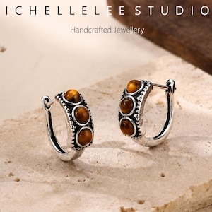 Tiger's Eye Huggie Earrings, Sterling Silver Three Stone Hoop Earrings, Vintage Boho Jewellery Gift for Her