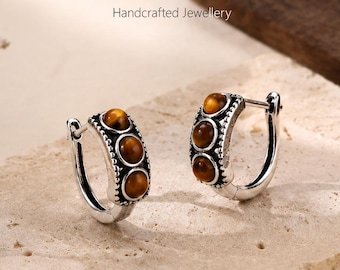 Tiger's Eye Huggie Earrings, Sterling Silver Three Stone Hoop Earrings, Vintage Boho Jewellery Gift for Her