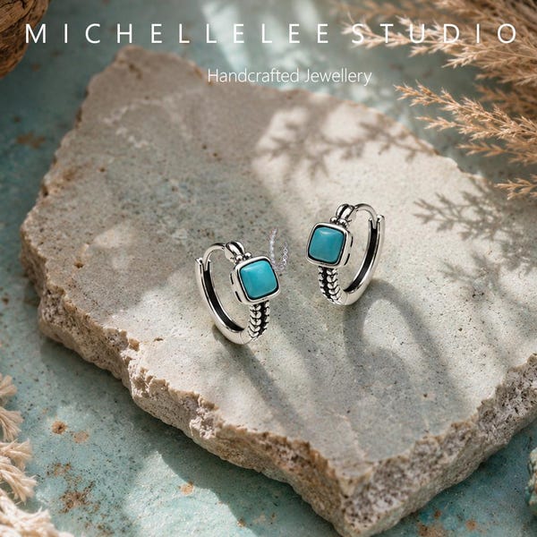 Pendientes de aro pequeños con cabujón de turquesa, pendientes de aro de plata de ley estilo suroeste, joyería vintage boho, regalo para ella.