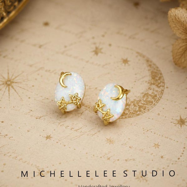 White Oval Opal Moon Star Stud Earrings, Gold and Silver Celestial Earrings, Dainty Open Star Jewellery Gift for Her