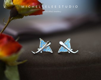 Cute Manta Ray Stud Earrings with Blue CZ Crystals, Sterling Silver Stingray Earrings, Sea Animal Earrings