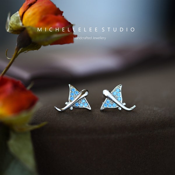 Cute Manta Ray Stud Earrings with Blue CZ Crystals, Sterling Silver Stingray Earrings, Sea Animal Earrings