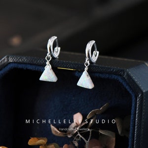 Dangling Opal Hoop Earrings, White Opal Triangle Huggie Hoop Earrings, Fire Opal Earrings, Minimalist Geometric