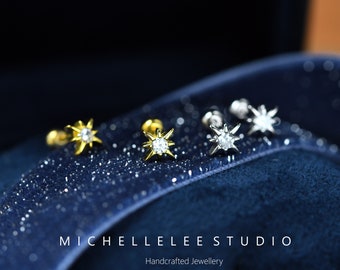 Super Tiny Starburst Stud Earrings with CZ Crystals, Super Tiny Star Sterling Silver Earrings with Screw Backs,Helix, Second Earlobe