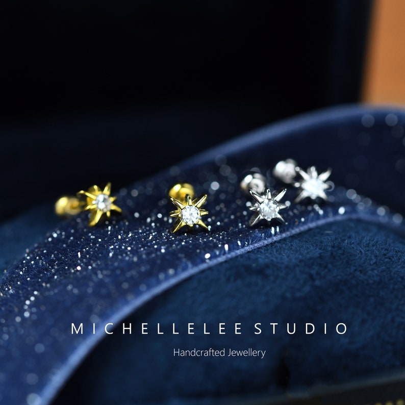 Super Tiny Starburst Stud Earrings with CZ Crystals, Super Tiny Star Sterling Silver Earrings with Screw Backs,Helix, Second Earlobe image 1