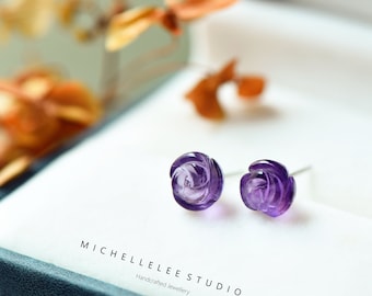 Hand Carved Natural Amethyst Flower Stud Earrings,Rose Flower Earrings with Matching Necklace,February Birthstone, Gift for Her