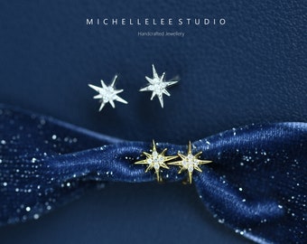 Dainty Tiny Starburst Huggie Hoop Earrings, Starburst Hoop Earring with CZ Crystals, Tiny Dainty Star Helix