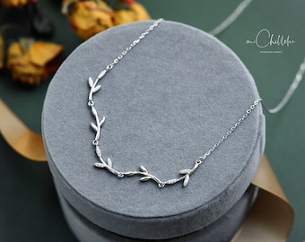 Dainty Olive Leaves Necklace in Sterling Silver, CZ Crystal Tree Leaves Necklace, Gift for Her
