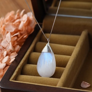 Large Natural Blue Moonstone Pendant Necklace, Teardrop Gemstone Necklace with Matching Earrings, Raindrop, June Birthstone