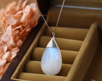 Large Natural Blue Moonstone Pendant Necklace, Teardrop Gemstone Necklace with Matching Earrings, Raindrop, June Birthstone