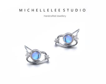 Moonstone Planet Stud Earrings, Celestial Earrings, Space Earrings