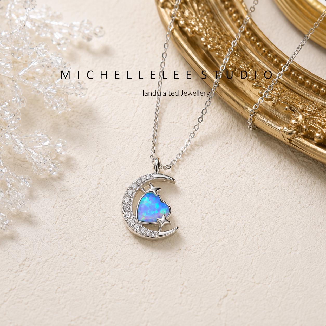 アクセサリー Moon Opal Moon Heart Necklace, Sterling Silver Celestial Necklace, CZ