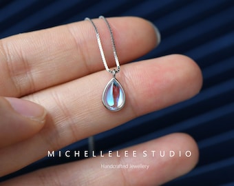 Blue Simulated Moonstone Pendant Necklace, Simple Teardrop Crystal Choker, Birthday gift for her