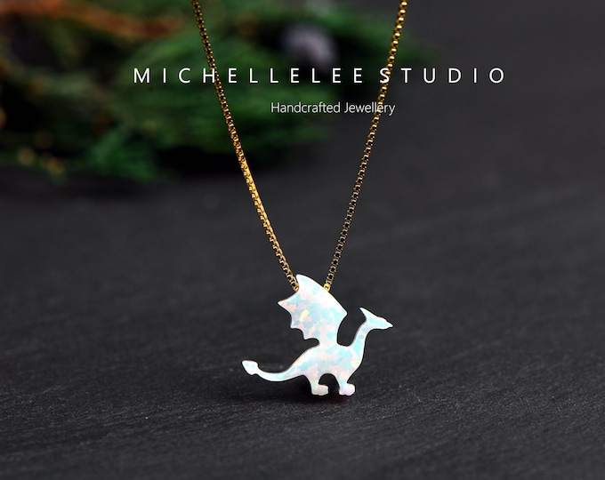 White Opal Dragon Necklace, Sterling Silver Dragon Pendant, Fantasy Jewelry Gift for Her