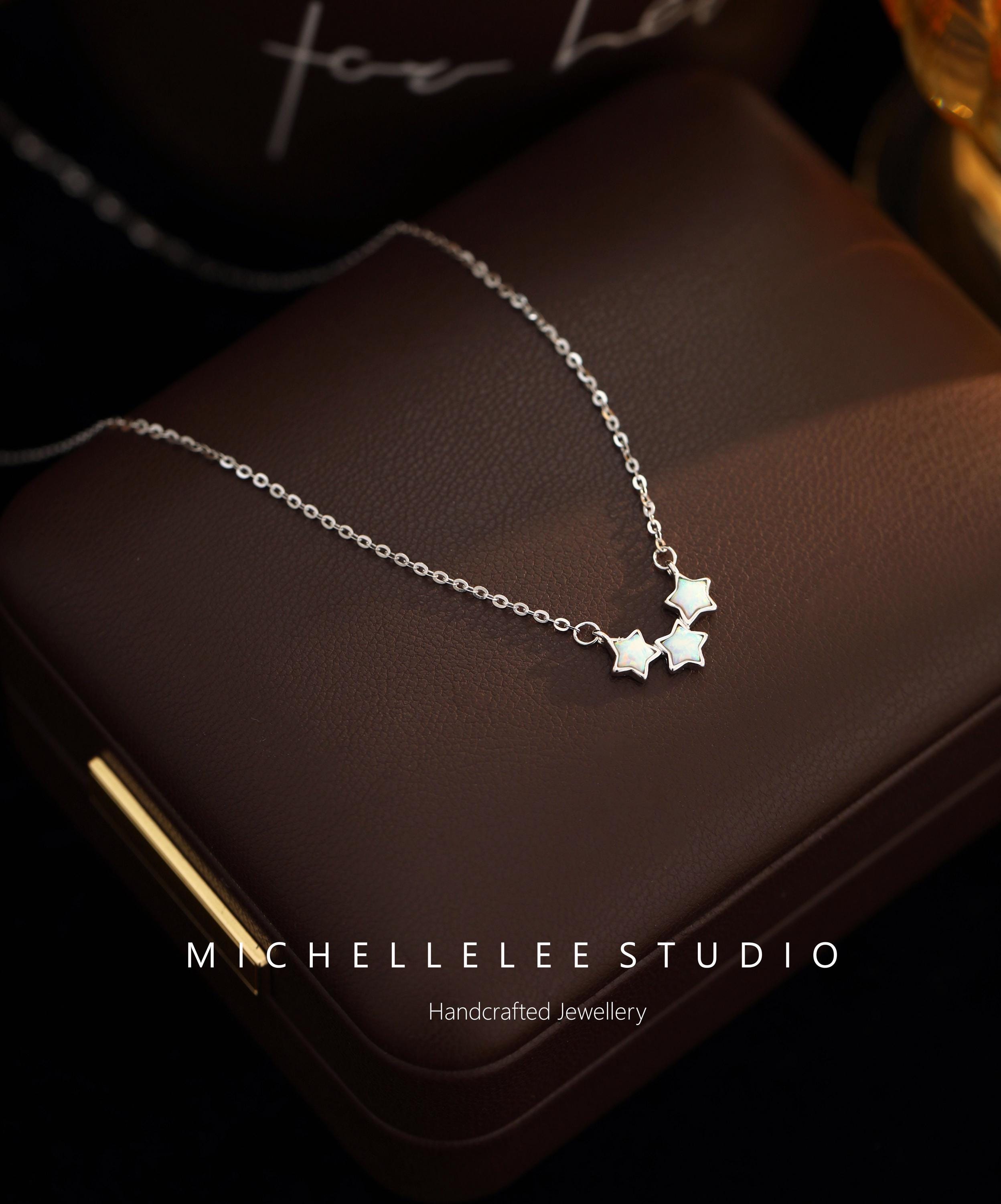 Opal Star Trio Sterling Silver Necklace, White and Blue Opal Necklace, Star Necklace, Gift for her