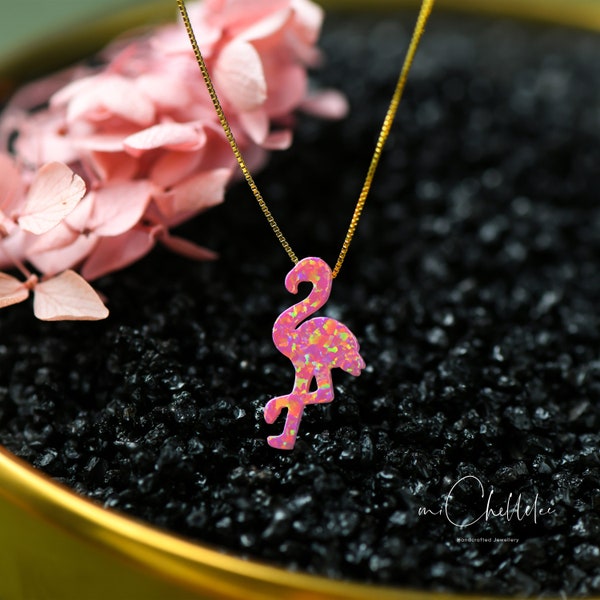 Fire Opal Flamingo Bird Pendant Necklace in Sterling Silver, Rose Pink Opal Necklace, Flamingo Necklace, Opal Necklace