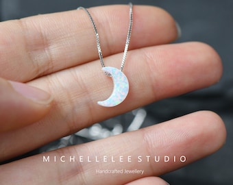 Opal Necklace, Fire Opal Crescent Moon Pendant Necklace in Sterling Silver, White and Blue Opal Necklace, Moon Necklace