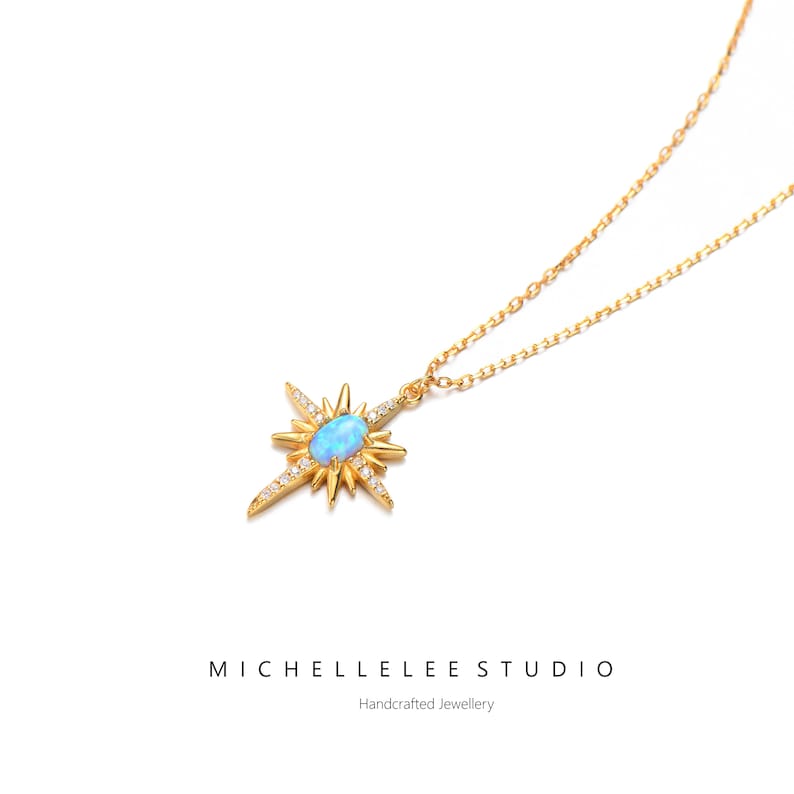 Fire Opal Starburst ketting in sterling zilver, witte en blauwe opaal ster hanger ketting, Crystal Star ketting, geboortesteen afbeelding 8