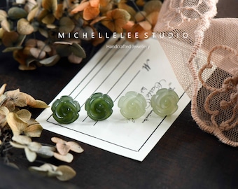 Hand Carved Natural Jade Flower Stud Earrings in Sterling Silver, Rose Flower Earrings, Green Crystal Earrings