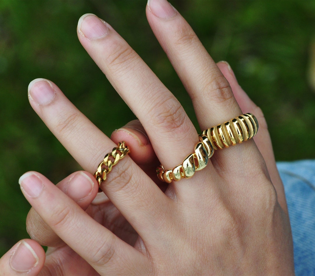 Gold Chain Stainless Steel Ring, 14K Gold Stacking Ring, Thick ...