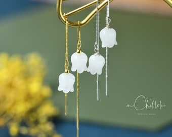 Hand Carved White Jade Flower Drop Hook Earrings, Wind Chimes Dangling Earrings, Minimalist Simple Jewellery