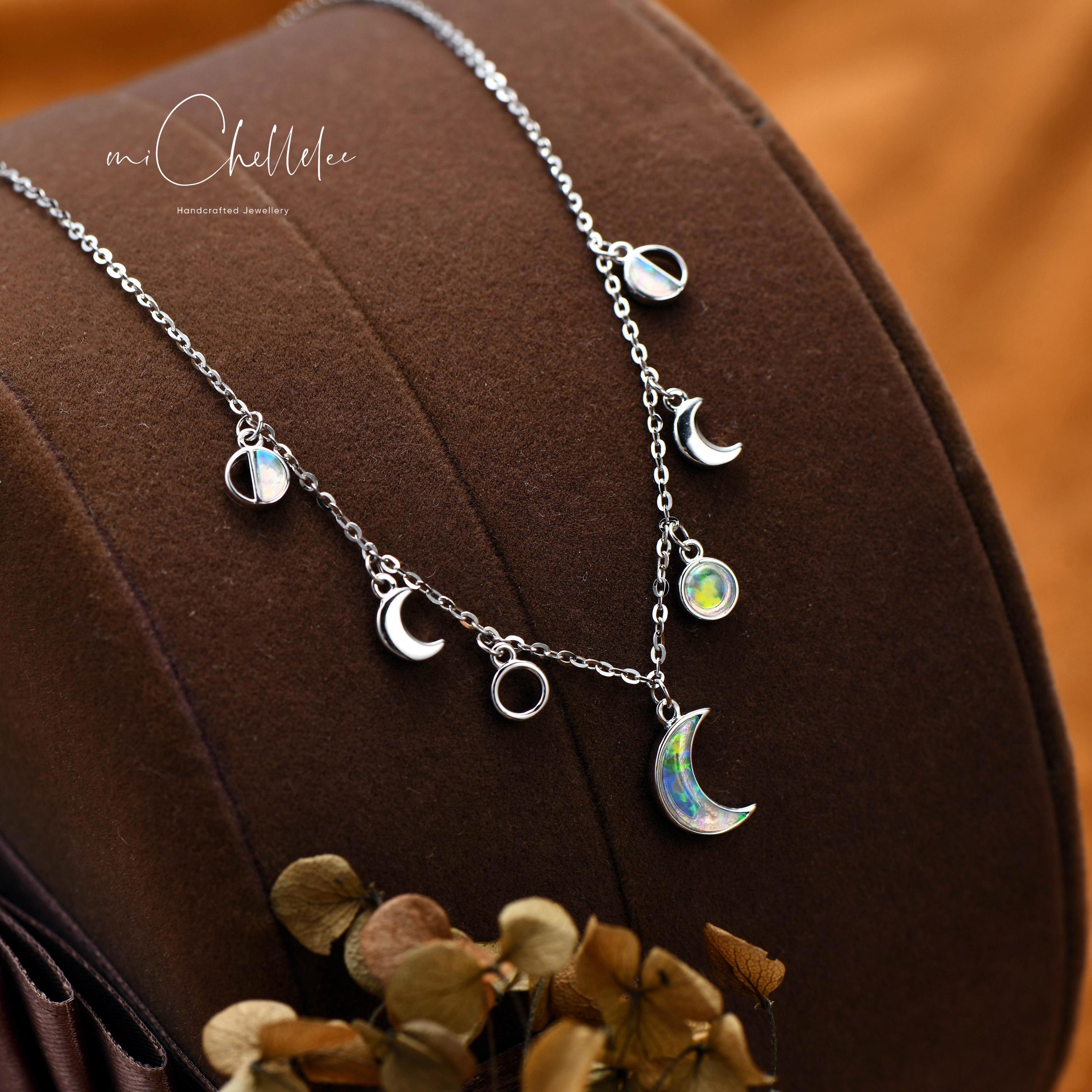 Dangling Opal Crescent Moon Necklace, White and Blue Opal Dangling Opal Crescent Moon Necklace, White and Blue Opal