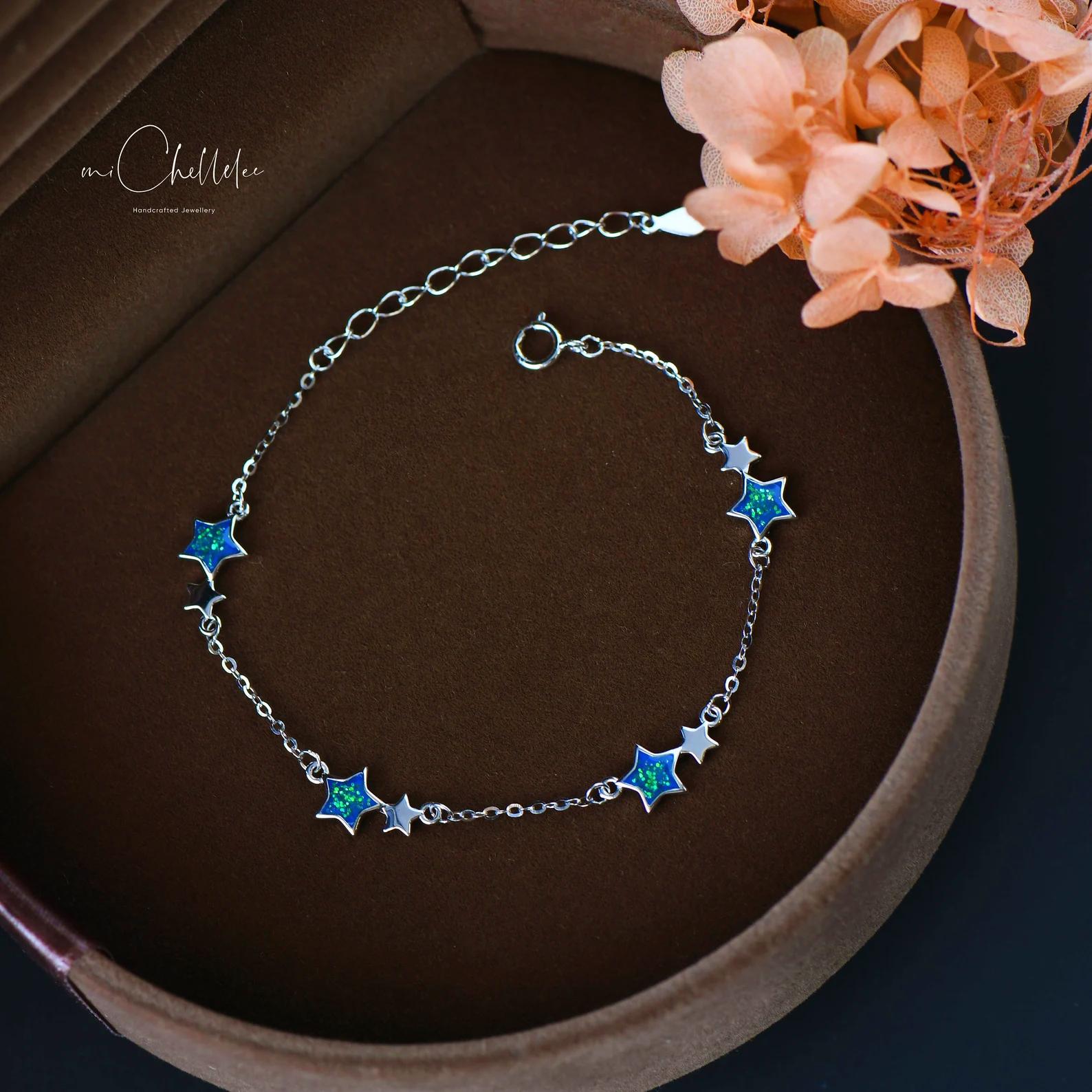 Sterling Silver Dainty Star Bracelet, Glitter Enamel Star