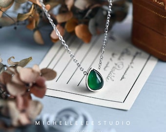 Natural Green Onyx Teardrop Pendant Necklace, Droplet Stainless Steel Necklace, Custom Name, Gift for her