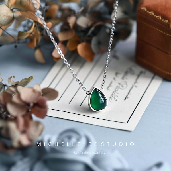 Natural Green Onyx Teardrop Pendant Necklace, Droplet Stainless Steel Necklace, Custom Name, Gift for her