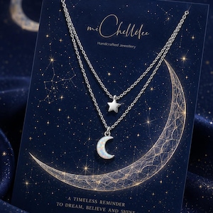 White Opal Moon Star Layered Necklace, Sterling Silver Celestial Necklace, Dainty Double Layer Jewellery Gift for Her