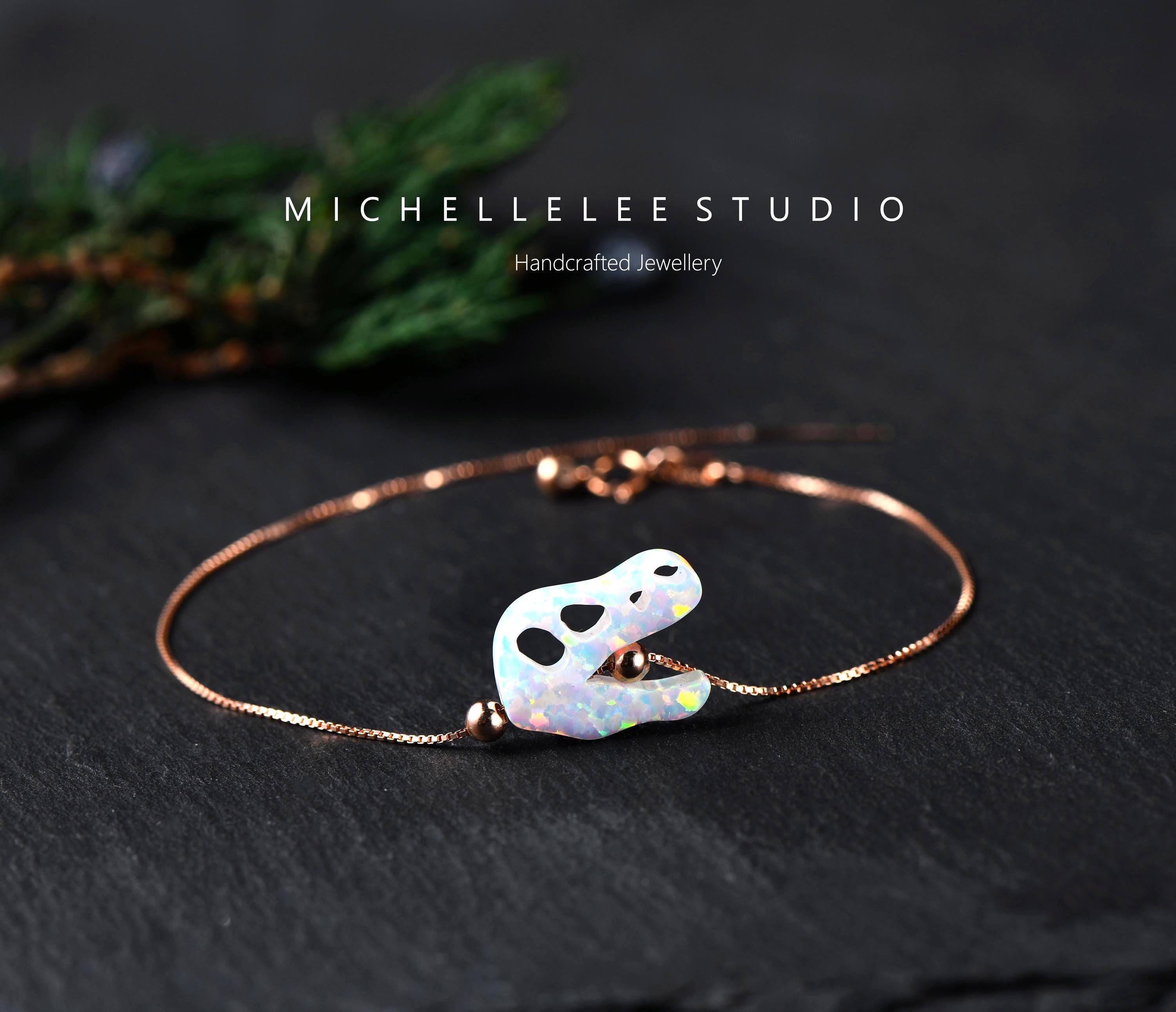 Opal T-rex Skull Bracelet, Sterling Silver Dinosaur Skeleton 