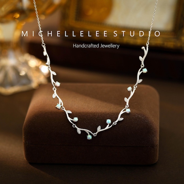 Dainty Tree Leaves Necklace in Sterling Silver, CZ Crystal Olive Leaves Necklace, Opal Necklace, Gift for Her