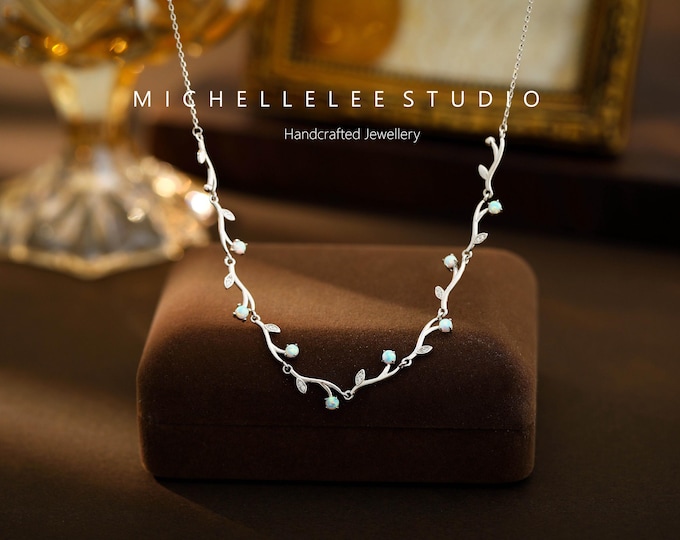 Dainty Tree Leaves Necklace in Sterling Silver, CZ Crystal Olive Leaves Necklace, Opal Necklace, Gift for Her