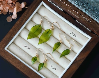 Dainty Real Tree Leaf in Resin Drop Hook Earrings, Dried Leaf earrings,Botanical Jewellery