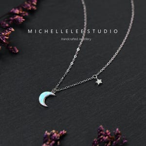 White Opal Moon and Star Pendant Necklace in Sterling Silver, Tiny Crescent Moon and Star Necklace with Matching Earrings, Celestial, Space
