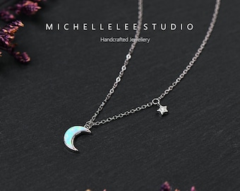 White Opal Moon and Star Pendant Necklace in Sterling Silver, Tiny
